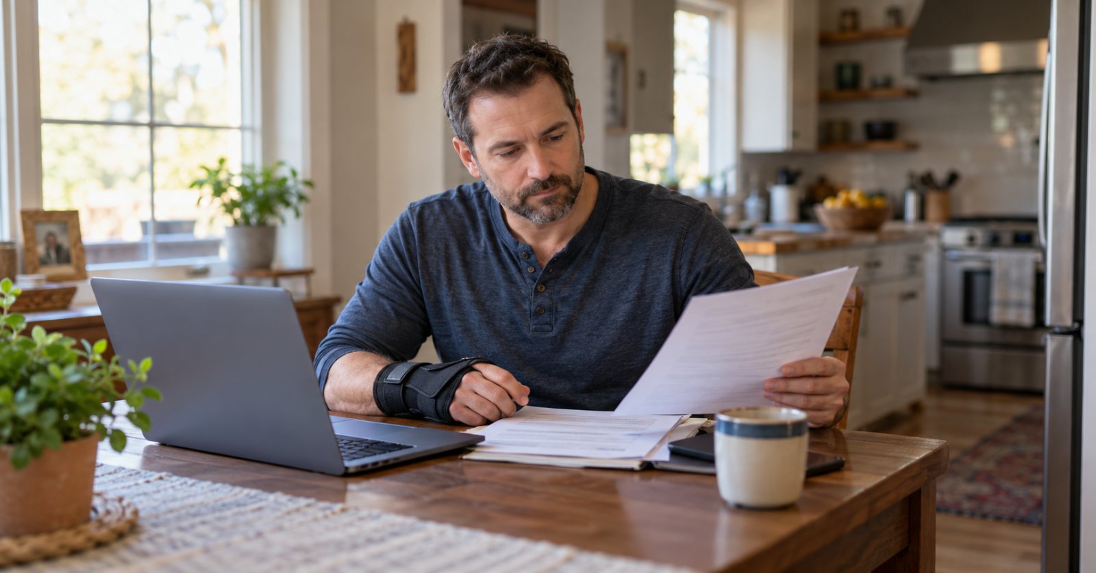 Injured worker reviewing disability paperwork Injured worker with a wrist brace reviewing disability paperwork at home