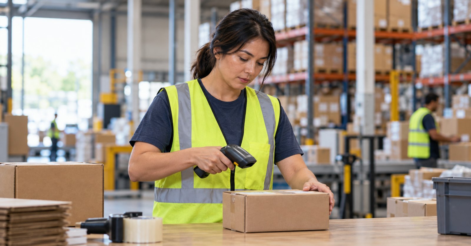 Warehouse worker scanning packages at a packing station